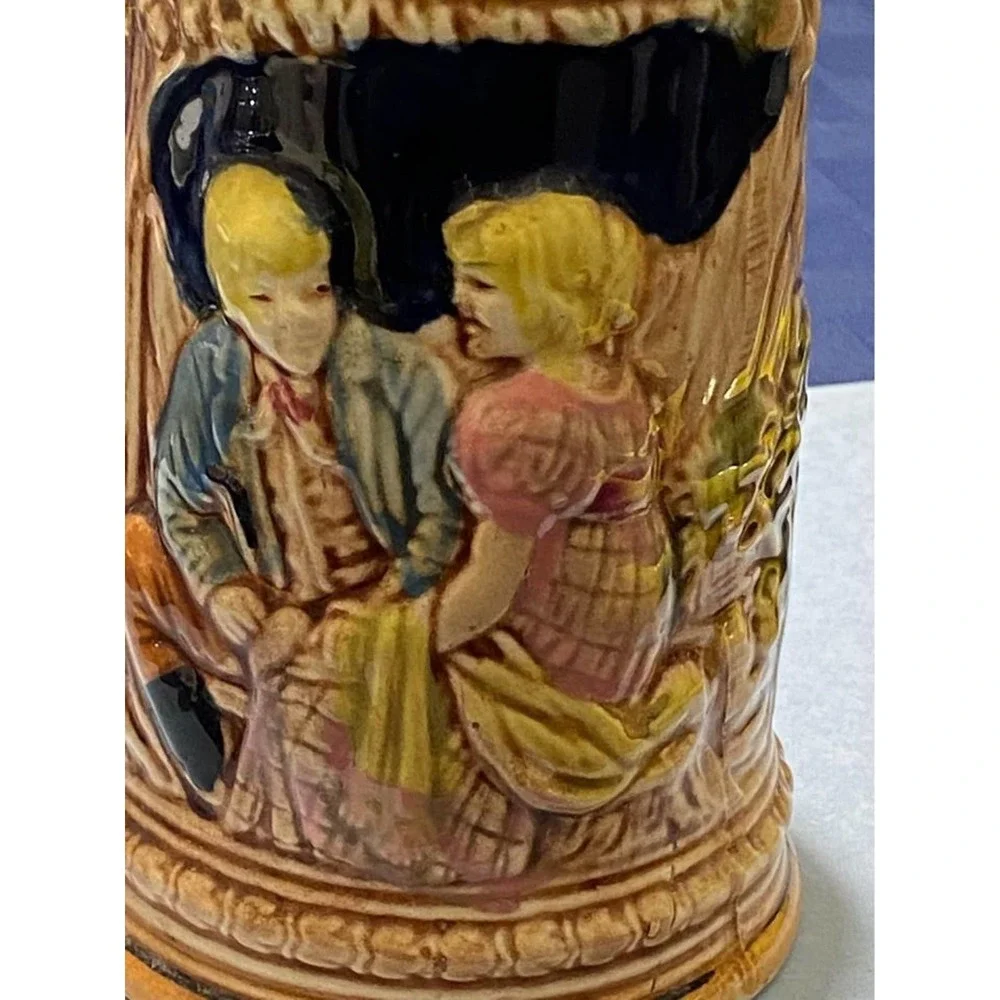 7″ Vintage Japanese Porcelain German Majolica Court Scene Beer Stein‎
